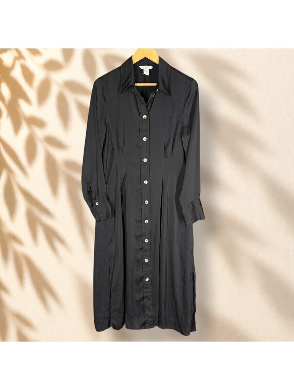 H&M Shirt Dress Women M Medium Black Midi Button Long Sleeve Collared Casual